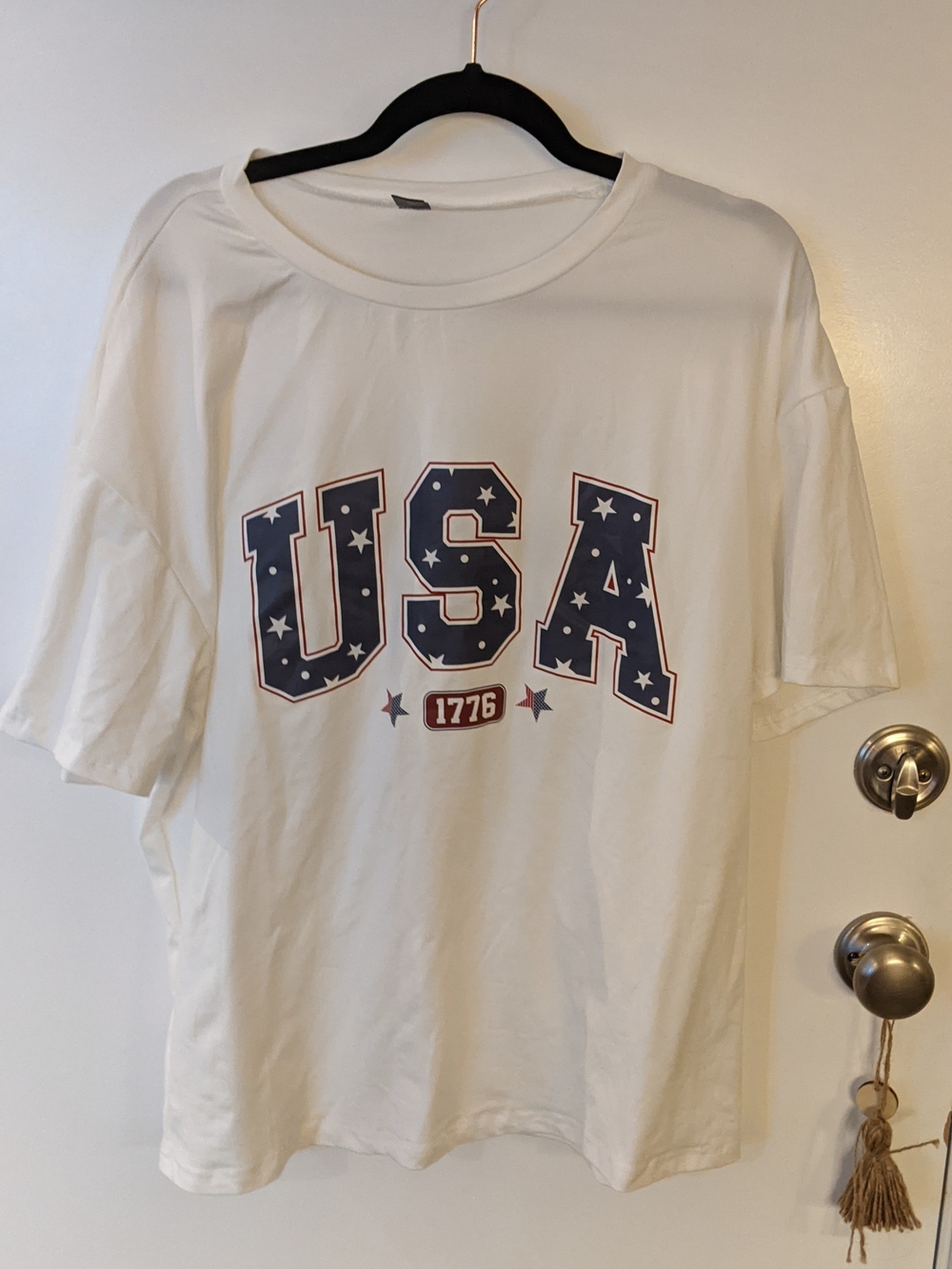 SHEIN White Short Sleeve Tee with Navy USA Graphic and Red Accents